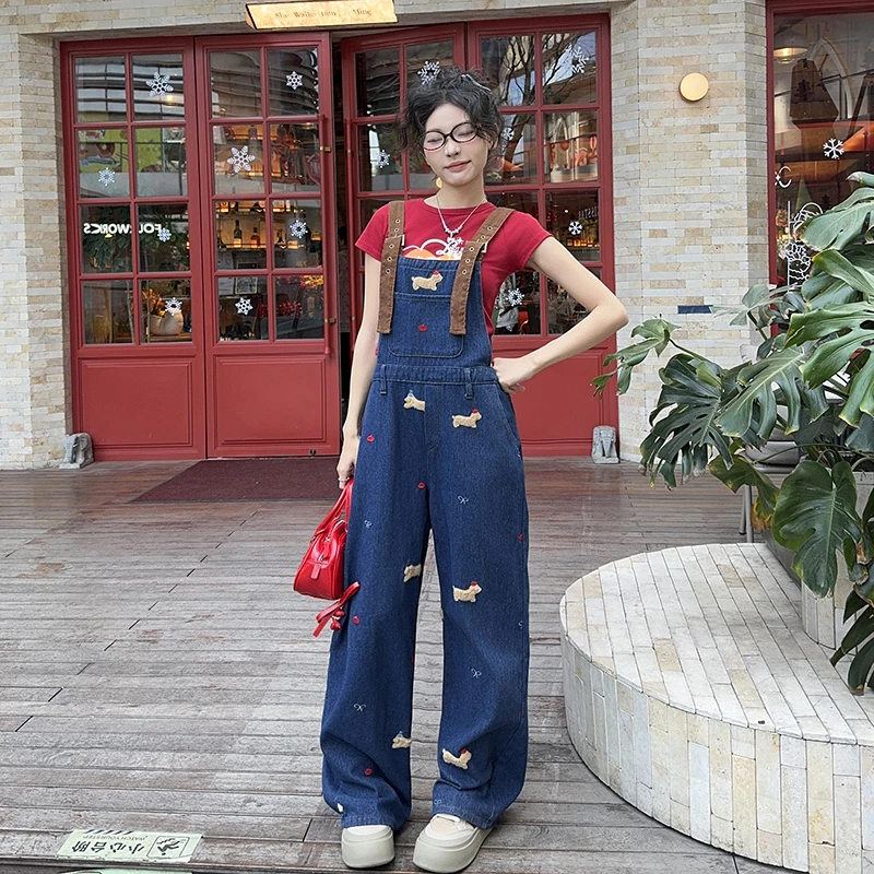 牛仔背带裤女春季新款复古刺绣小个子女款宽松显瘦阔腿直筒长裤潮