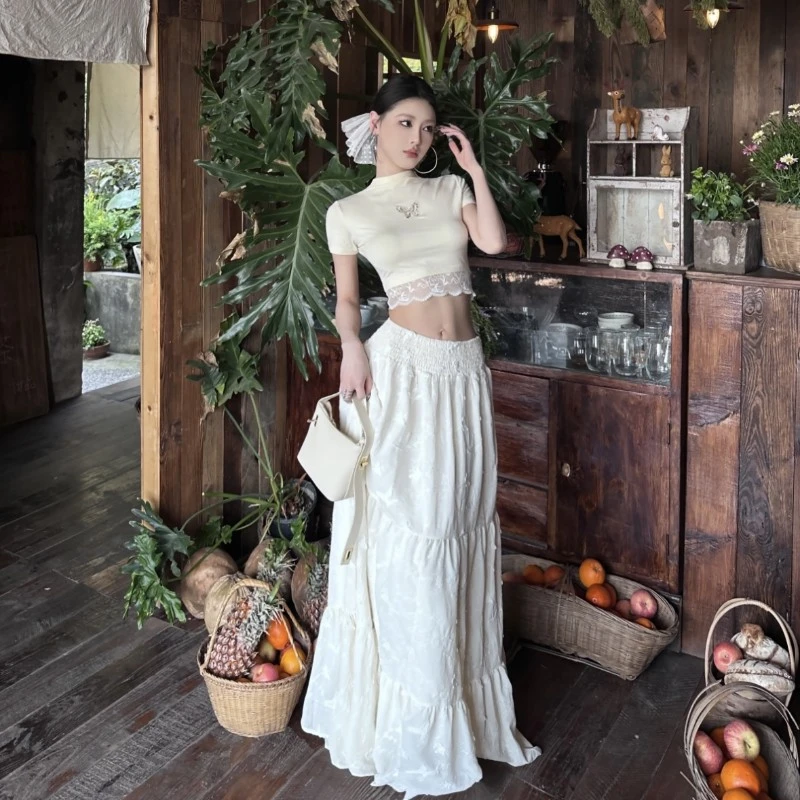 氛围感纯欲辣妹度假穿搭连衣裙紧身T恤飘逸大裙摆半身裙拖地长裙