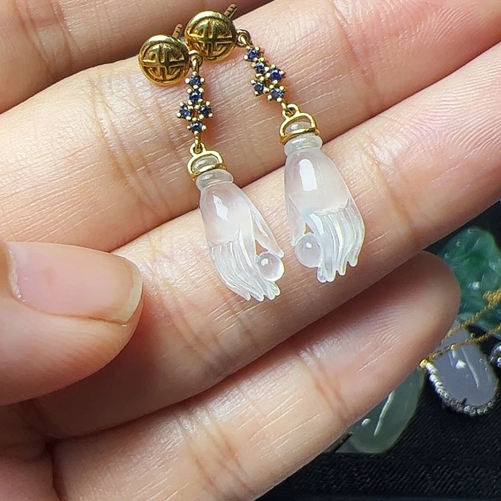 淇***淇翡翠18K金镶嵌耳饰