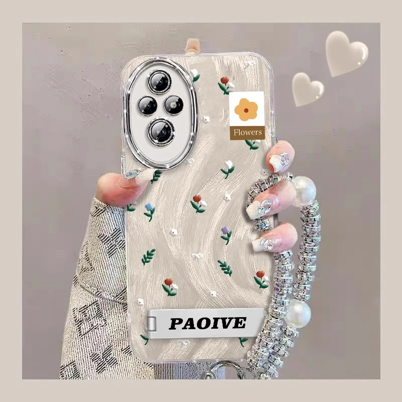 适用荣耀300手机壳闪粉镜头膜网红女款轻奢高档碎花带支架手链ins