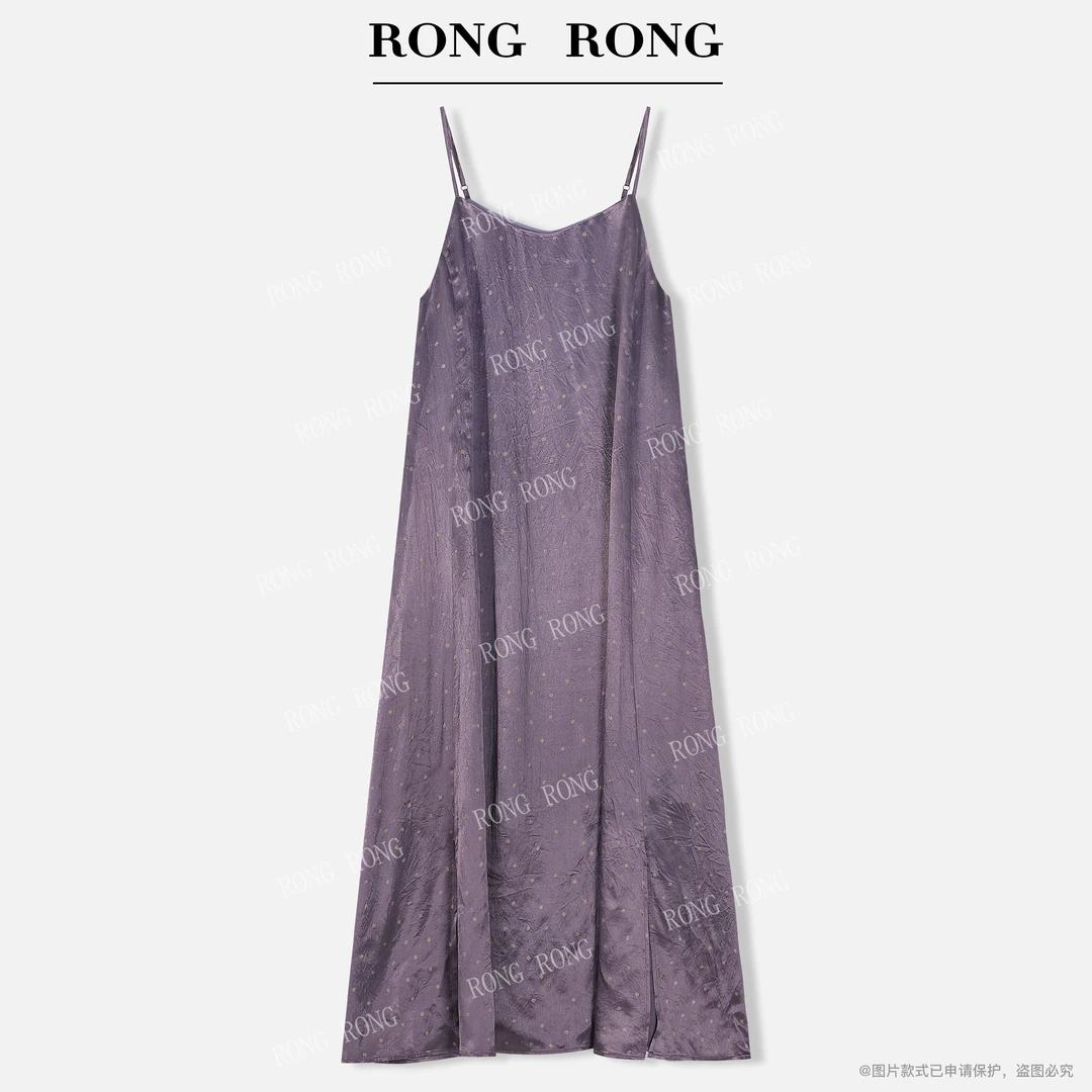 溶溶【紫光波点】RONGRONG 100醋酸缎面烫金波点吊带连衣裙SQ527023