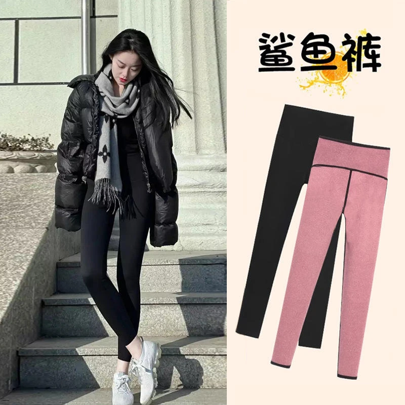 秋冬加绒鲨鱼裤打底裤女粉绒羊羔绒高腰收腹提臀瑜伽裤芭比裤加厚