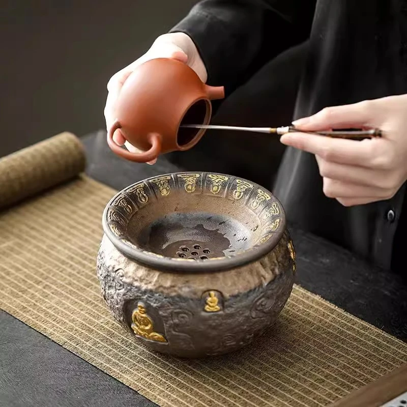 复古粗陶老岩泥敦煌茶洗茶盂水盂笔洗干湿分离茶渣缸建水茶道零配