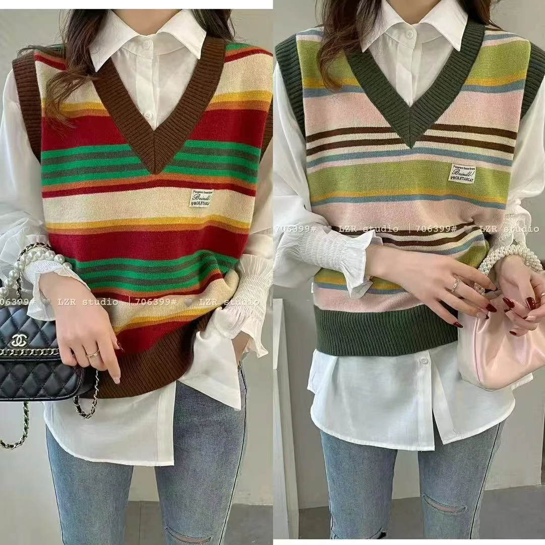 复古文艺V领条纹针织马甲女宽松无袖外穿背心