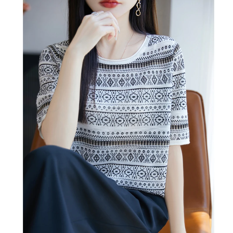 女毛针织衫凉感条纹短袖上衣夏季短袖极简风时尚洋气圆领潮DMR856