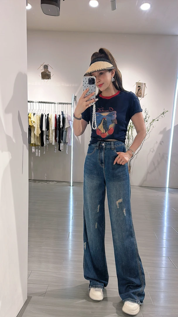 恰逢景梅子自留款欧货牛仔裤女夏季薄百搭款高腰破洞直筒裤女