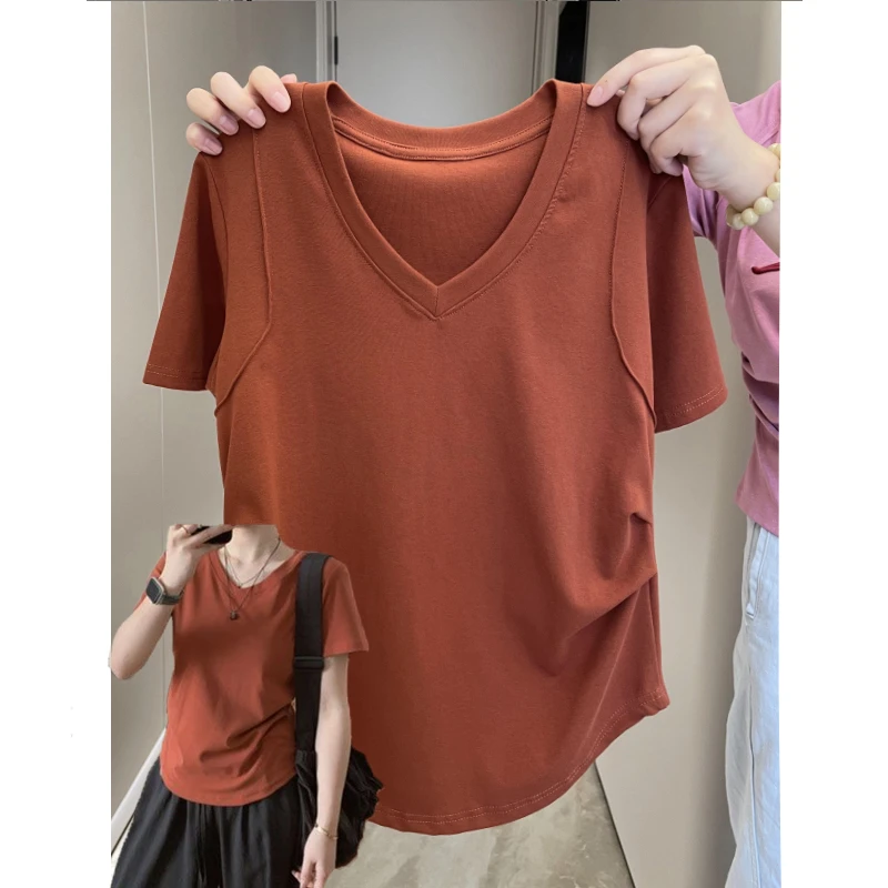 大码胖mm200斤气质极简风正肩V领短袖t恤女夏季韩版收腰上衣ins潮