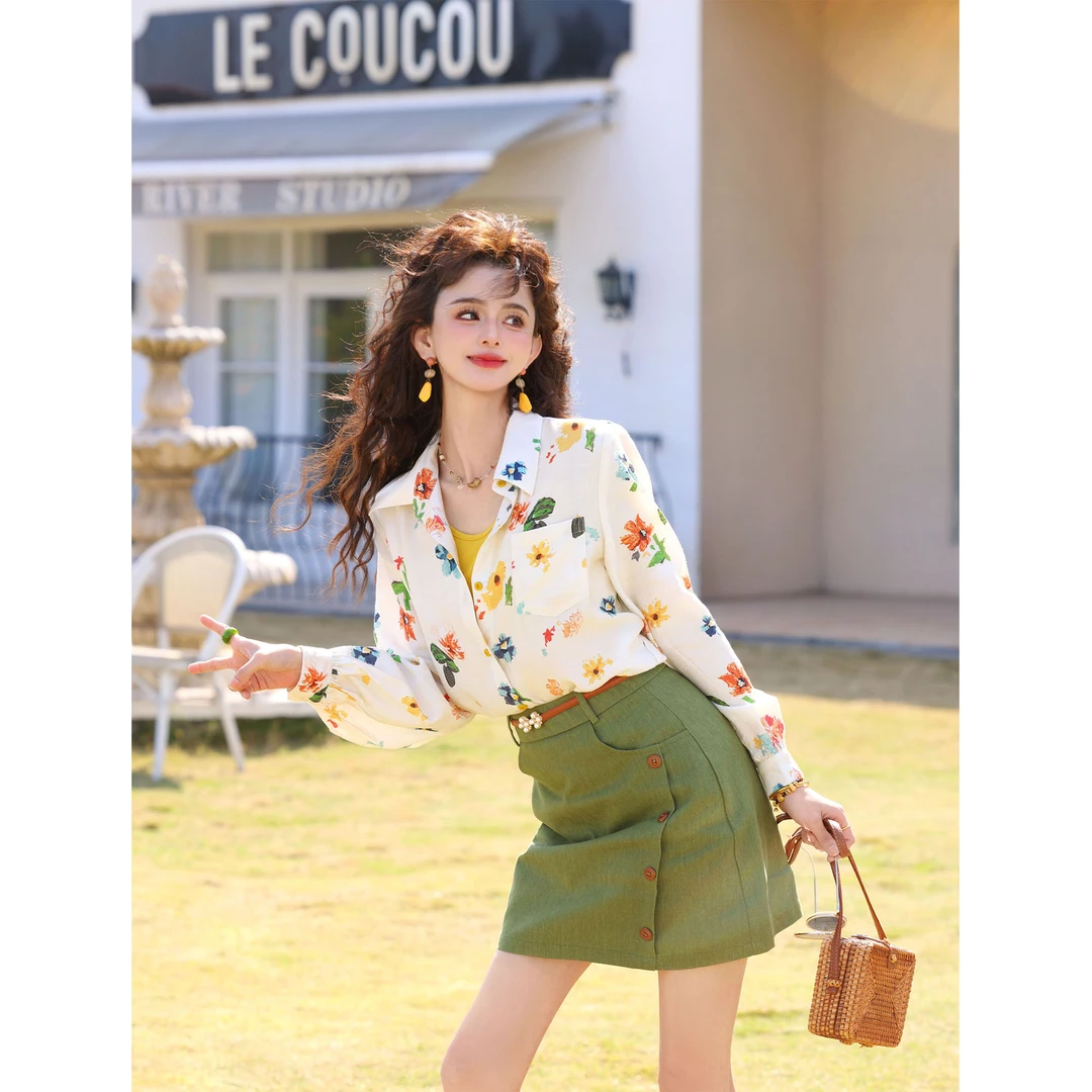 陈佳洁【蝶恋花】港风复古印花衬衫女宽松显瘦上衣JR3882275