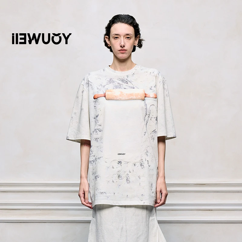 有尾YOUWEI主题擀面杖图案休闲复古印花短袖T恤时尚宽松Y1125204