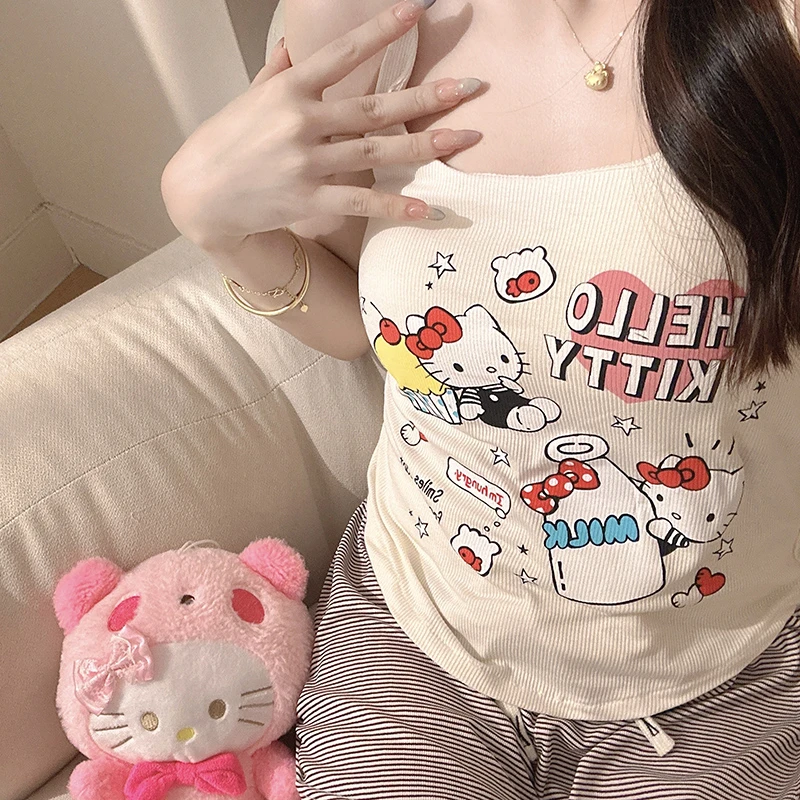 牛奶米白kitty吊带短裤睡衣女夏季带胸垫2025年可爱家居服两件套