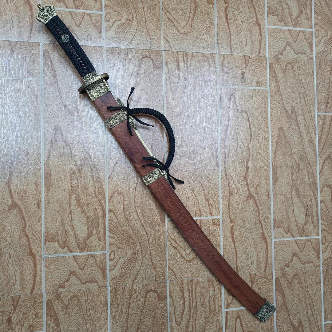 方鞘雁翎刀大马扭转纹石洗酸枝木纯铜做旧未开刃