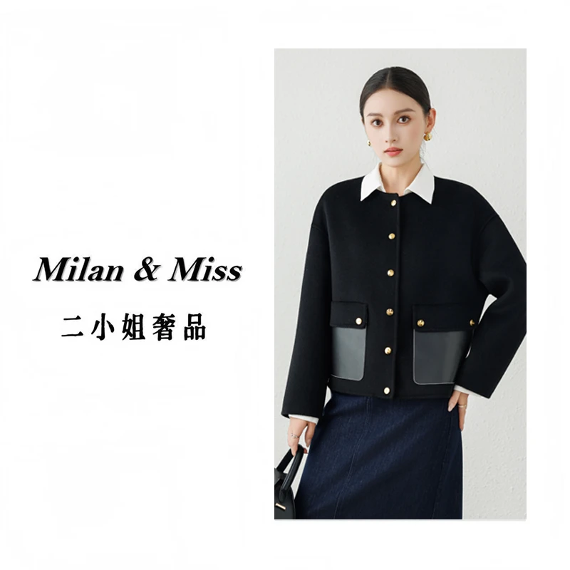 《艺洋穿搭》100.羊毛双面呢大衣短款毛呢外套拼皮小香风25秋冬新款