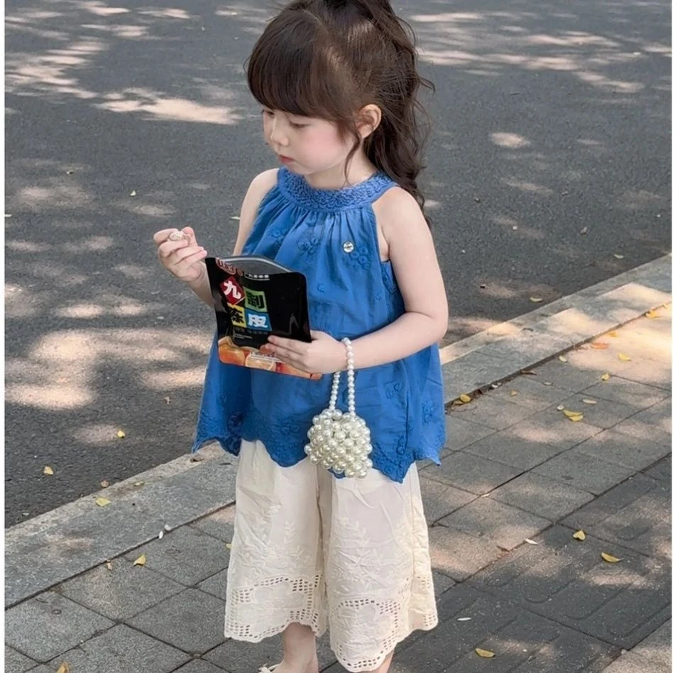 【2025新款】显白套装女童夏季套装洋气女宝宝镂空挂脖背心儿童韩版