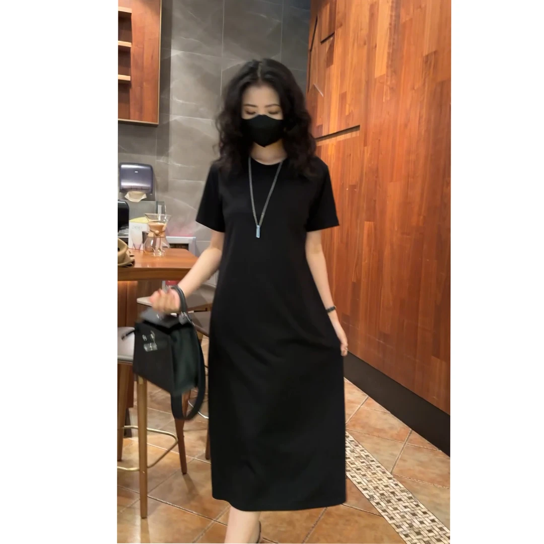 瑶姐定制女装春夏新款大码百搭极简显瘦长款黑色休闲宽松连衣裙