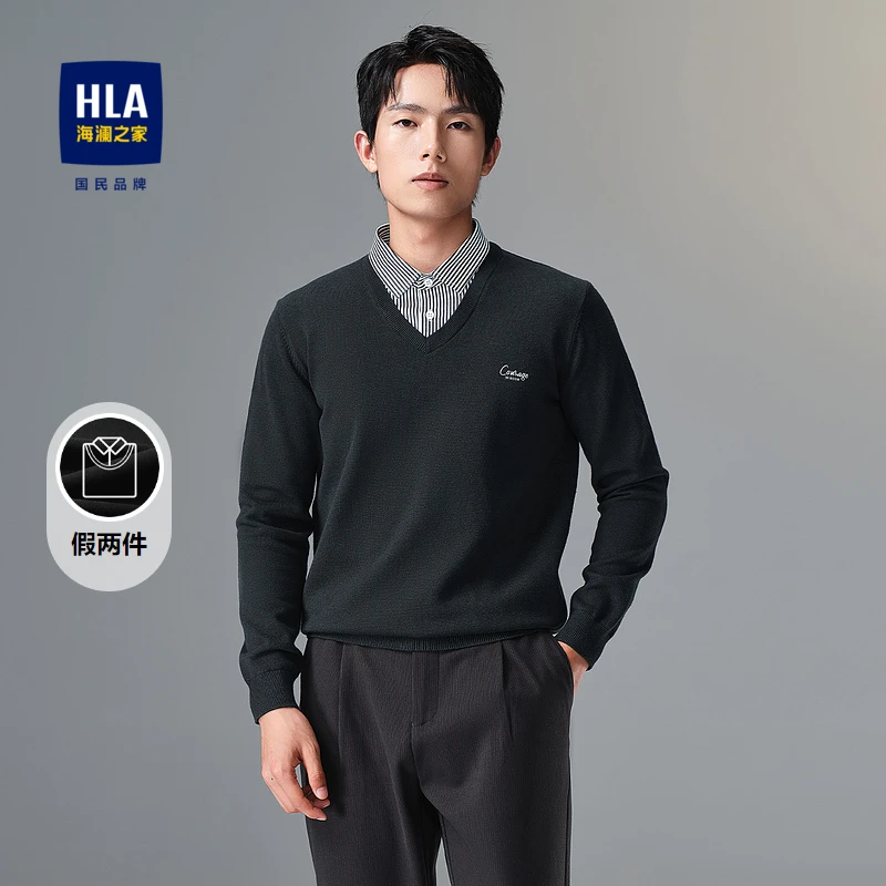 HLA/海澜之家时尚撞色条纹双领针织衫高周波假两件长袖男