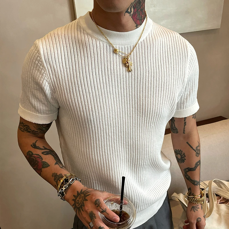 OXFREAK 「软糯感 肌理条纹」老钱风正肩短袖t恤男修身内搭打底衫