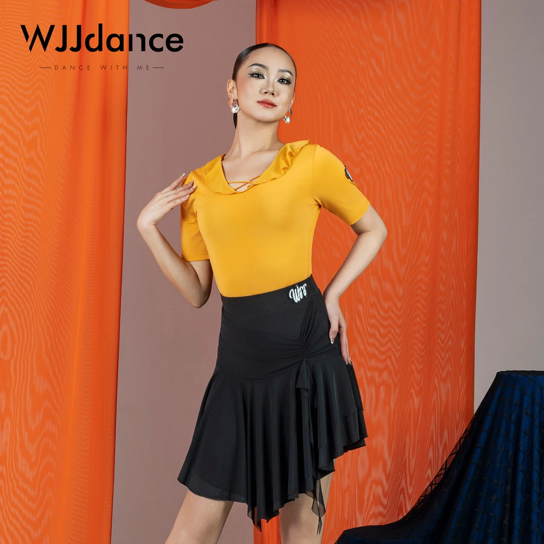 WJJdance国标舞上衣女2025新款V领交叉带网纱荷叶边拉丁摩登舞衣