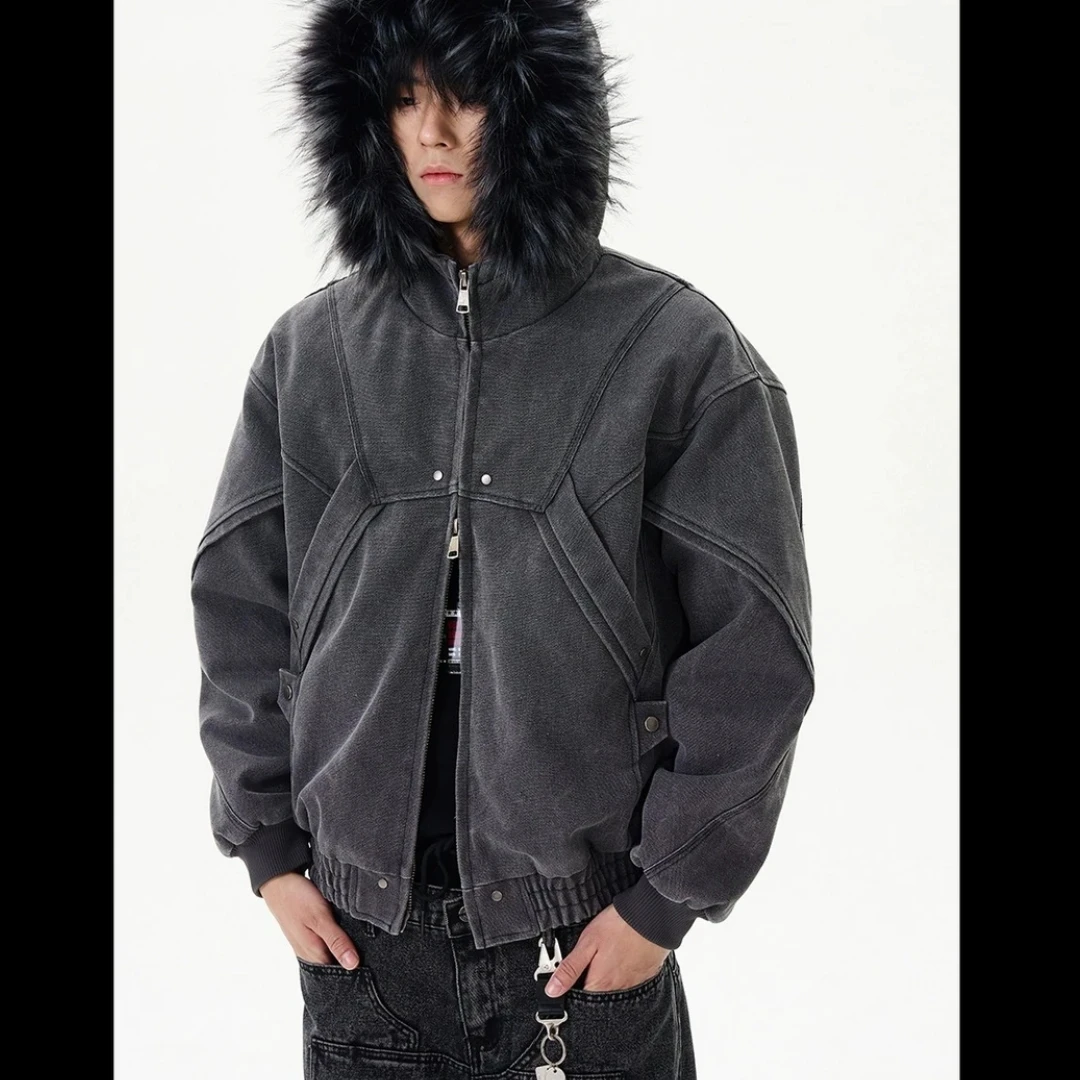 冬季座山雕二代加绒特厚外套男连帽重磅帆布水洗棉服情侣夹克百搭