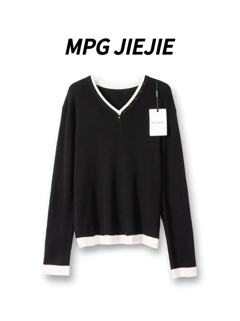 MPG JIEJIE【黑巧】早秋大码正肩弹力拼接针织衫