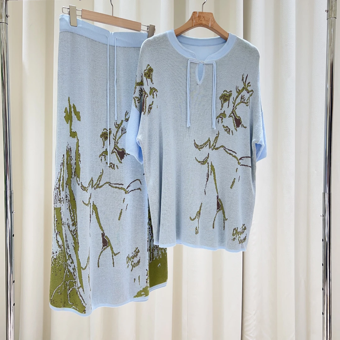 夏季短袖提花针织圆领女装轻奢气质套裙726