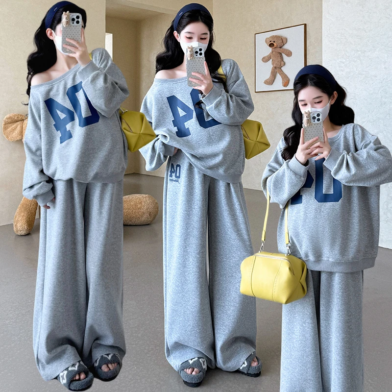 孕妇装春秋款时尚韩版慵懒风斜肩百搭两穿上衣搭配阔腿裤宽松套装