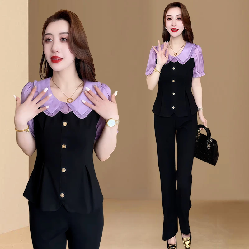 小个子洋气套装女2025年夏季新款撞色收腰上衣直筒阔腿裤两件套潮