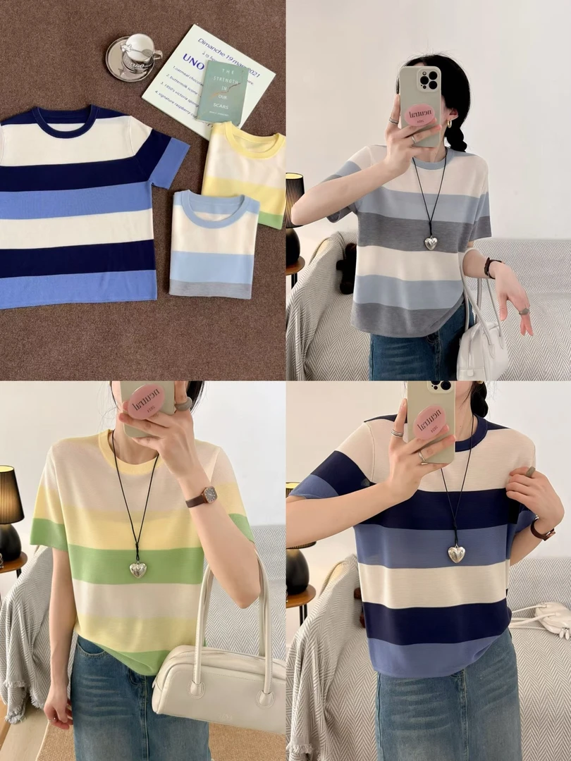 2232-8830女士百搭夏季修身条纹显瘦拼接女上衣