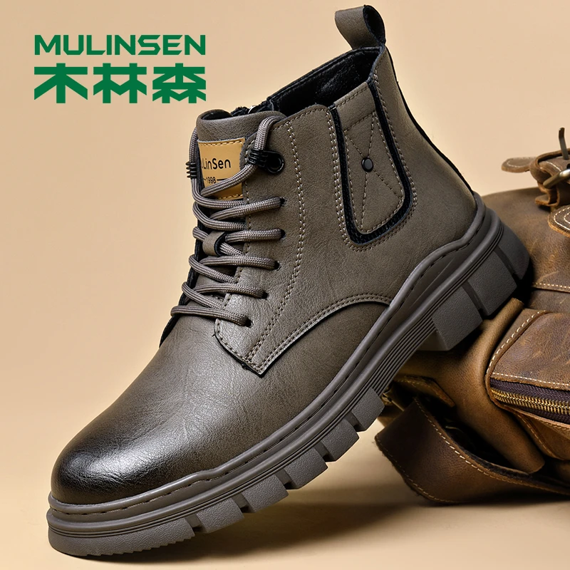 木林森男鞋2025新款马丁靴男棉鞋加绒短靴休闲高帮鞋加厚雪地靴男