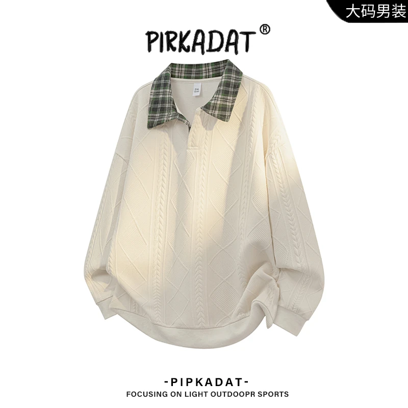 Pirkadat秋季新款提花翻领卫衣男日系复古潮流时尚休闲宽松上衣男