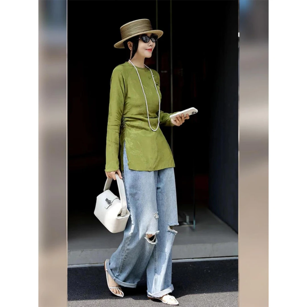 新中式女装国风高端绿色衬衫独特设计感超好看上衣女2024新款爆款