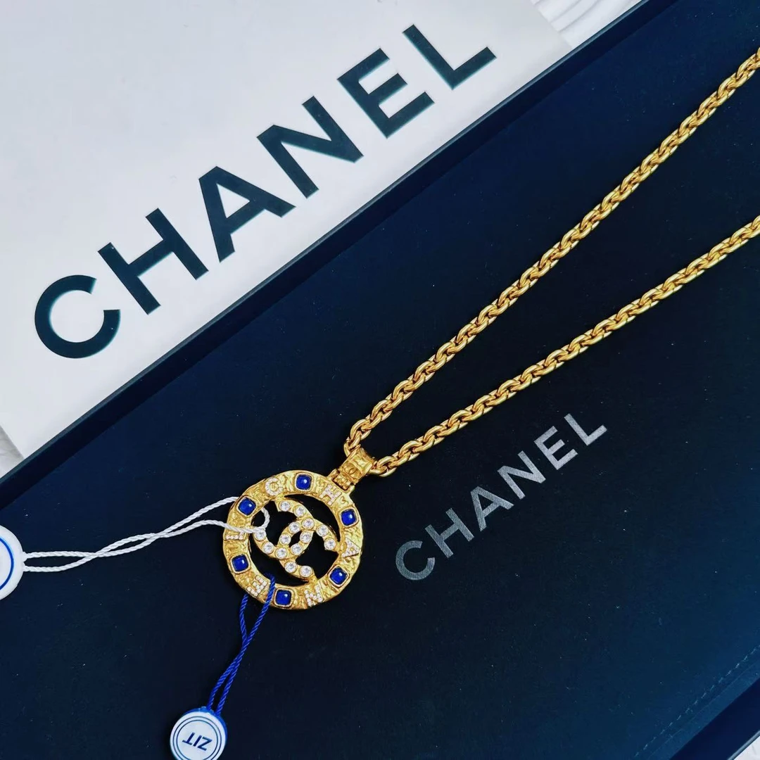95新 Chanel/香奈儿 柚礼中古/香奈儿蓝琉璃素金圆环项链LZ501098