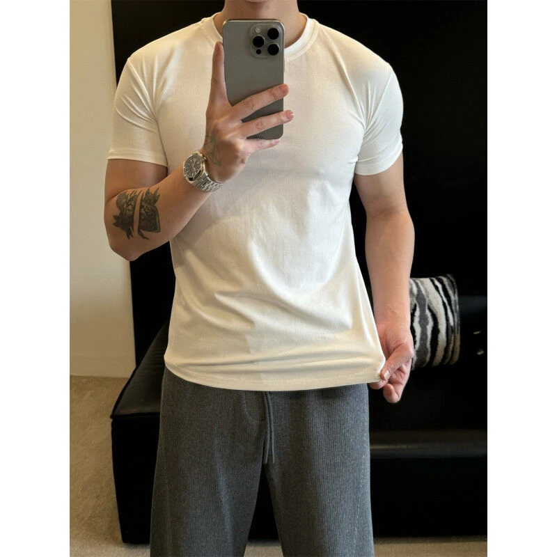 【索罗娜凉感爆袖T】男士休闲纯色短袖运动健身速干高领圆领收袖口