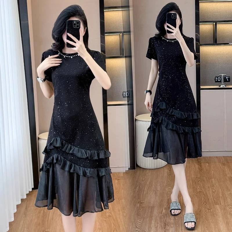 大码女装2025夏季胖mm法式优雅设计感显瘦钉珠拼接鱼尾中长连衣裙