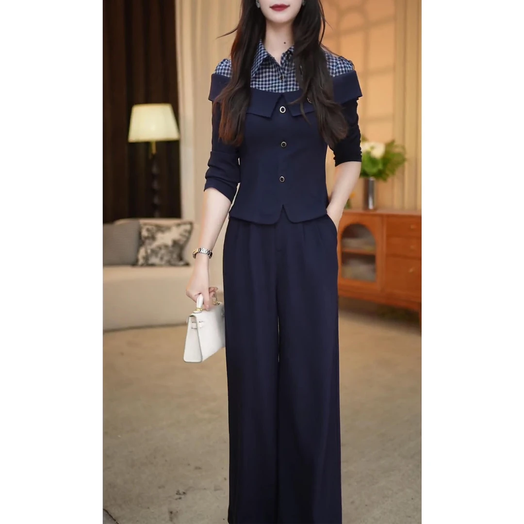 时尚休闲套装女2025秋季新款洋气显瘦设计感格子上衣阔腿裤两件套