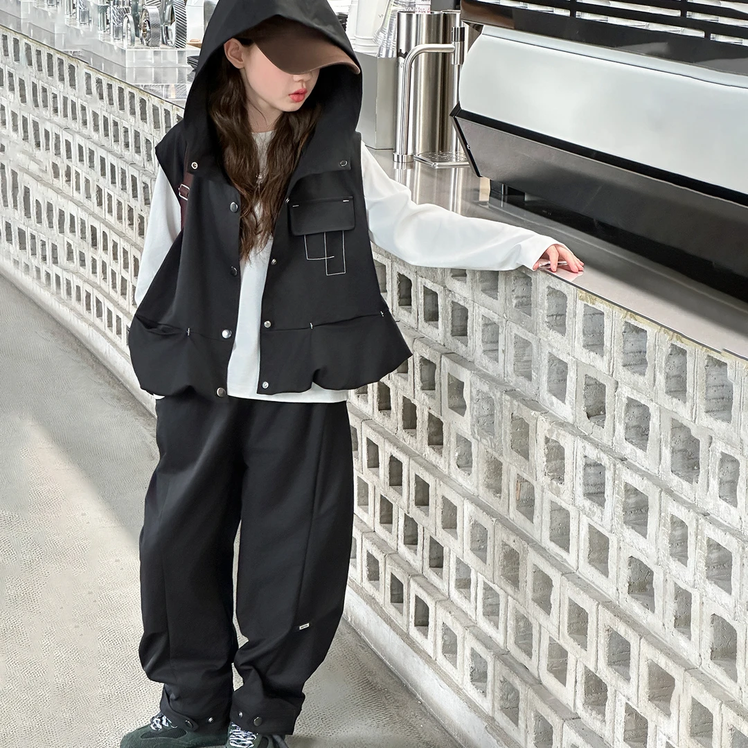 女童套装秋装2025新款大童韩版洋气时髦工装裤马长袖T恤三件套