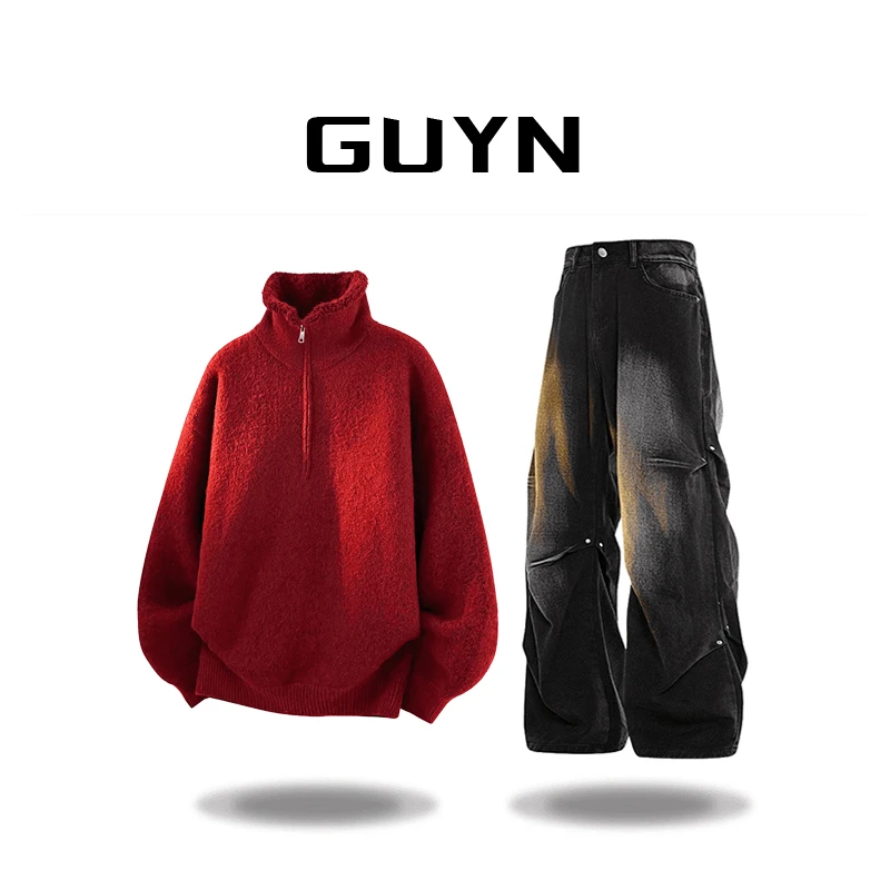 【品牌正品现货】GUYN美式半拉链高领毛衣男秋冬风加绒保暖针织衫