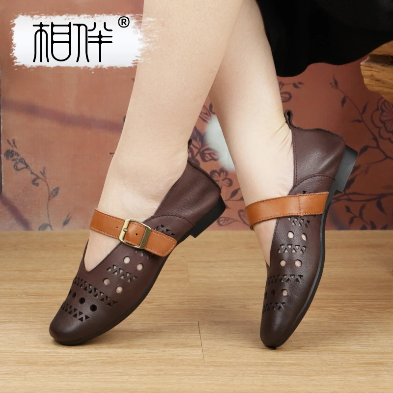 相伴相伴复古手工女士单鞋休闲镂空春夏民族风平底妈妈鞋53166