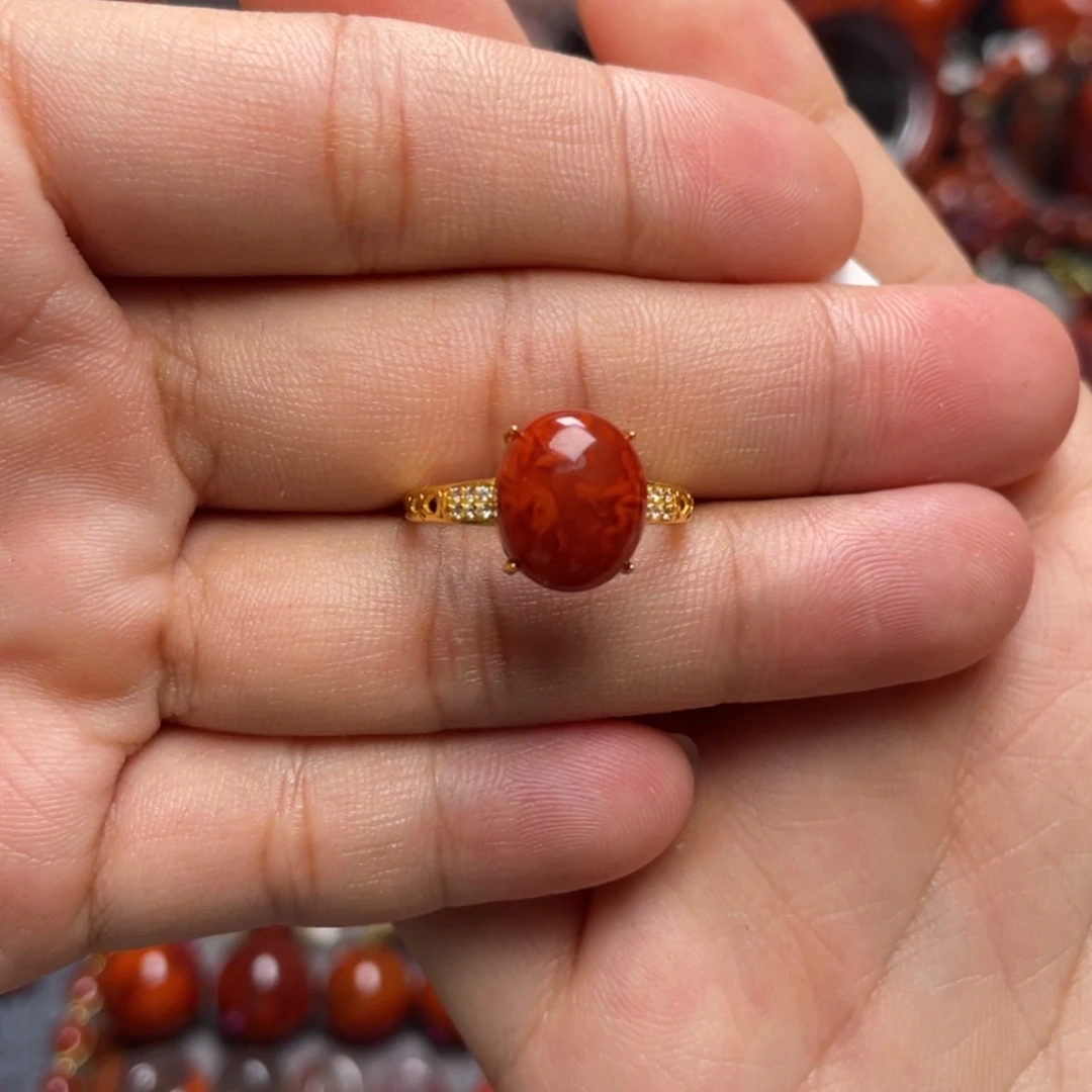 【闪购商品】银S925镶嵌火焰纹戒指南红玛瑙