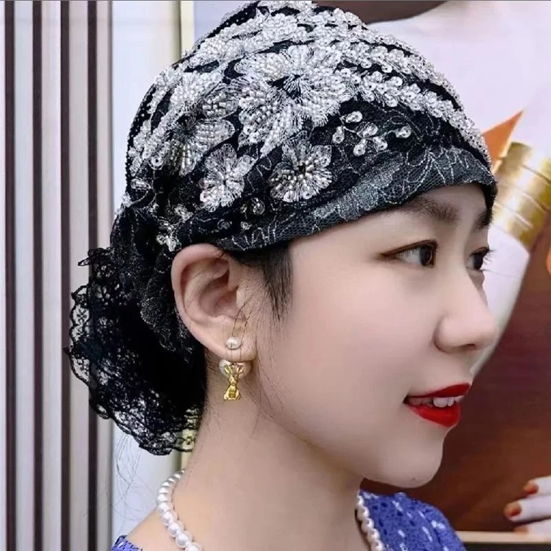 洋气百搭新款凤尾花盘花帽妈妈时尚头巾束发帽遮白发蕾丝包头帽女