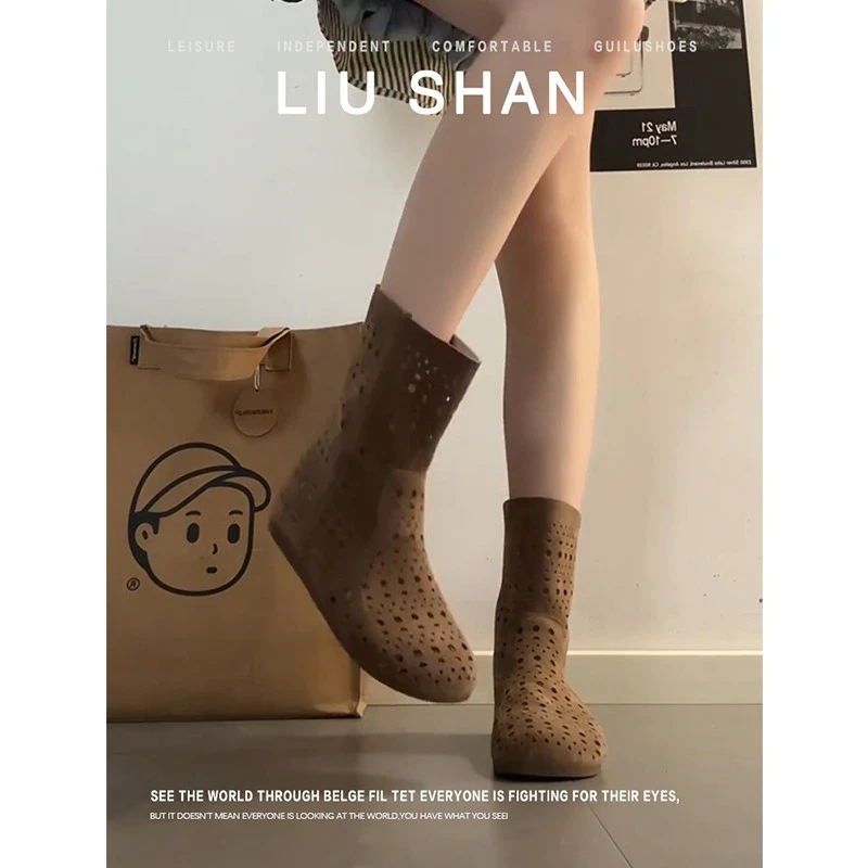 牛皮～真皮复古小众网面镂空内增高短靴女夏薄款罗马平底中筒凉靴