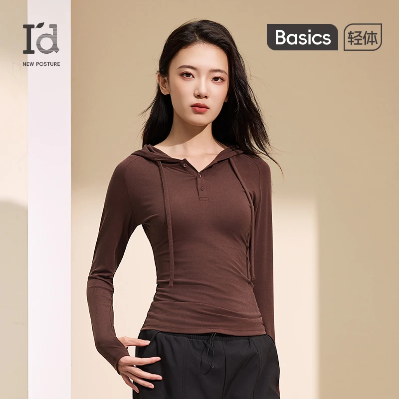 I'd/爱帝【森林丝】秋新连帽长袖T恤亨利领显瘦瑜伽运动长袖打底衫