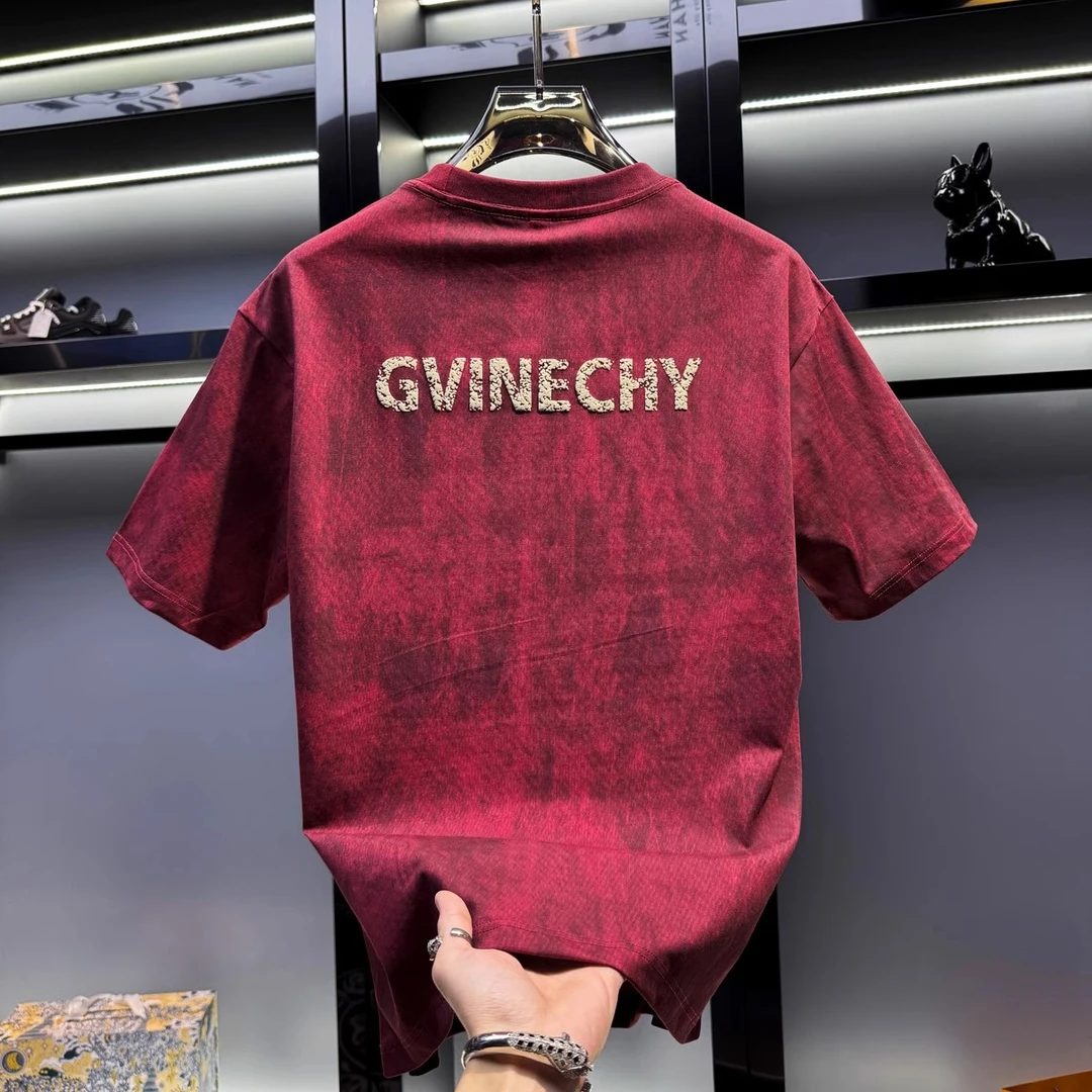 男士高端扎染字母圆领短袖t恤2025新款夏季宽松美式潮牌半袖上衣