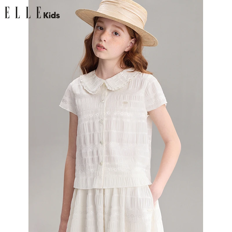 ELLE KIDS 花朵提花短袖衬衫女童夏季新款法式优雅度假风上衣A3