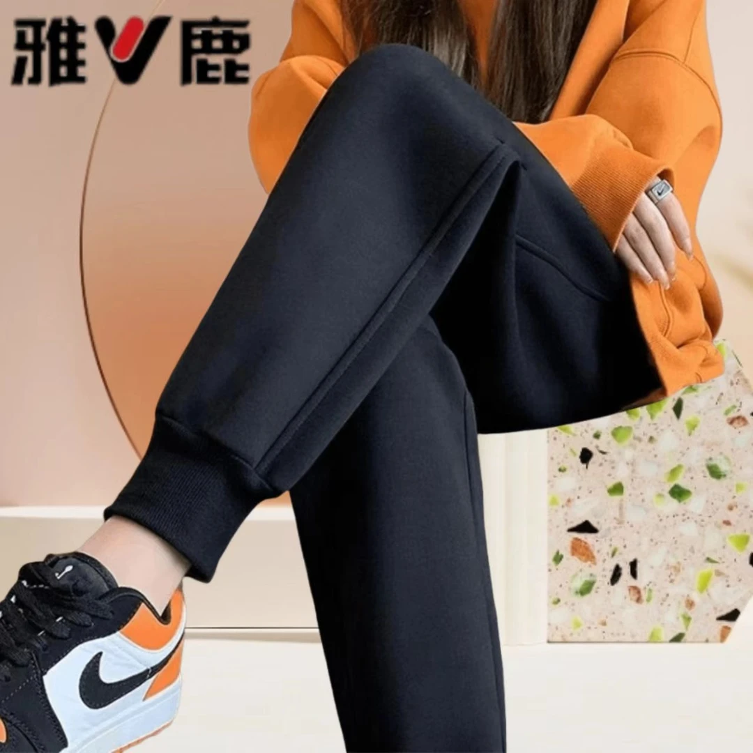 雅鹿秋冬男女同款加绒加厚运动裤子男显瘦小脚休闲裤潮流束脚卫裤