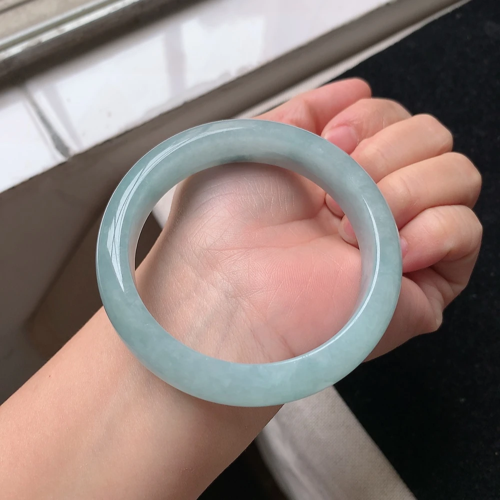 1563号缅甸天然A货翡翠手镯57/58圈口冰润浅绿宽边正装手镯