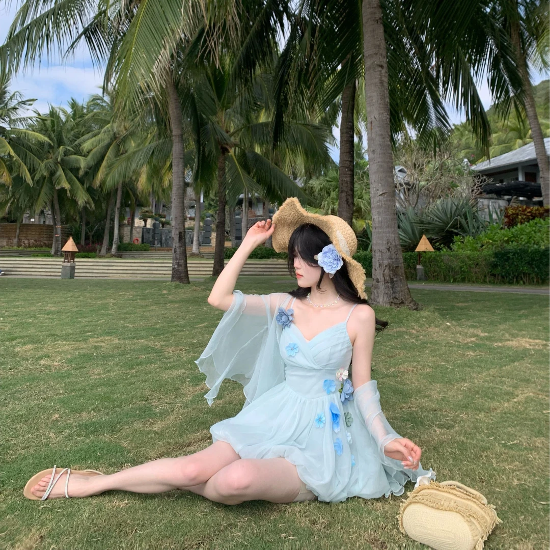 Blovelan花束圆舞曲 甜美温柔层叠网纱A字雪纺花仙子吊带裙