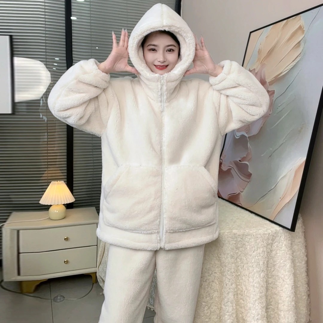【循环锁温】连帽雪花绒简约休闲纯色睡衣可外穿秋冬女暖绒家居服