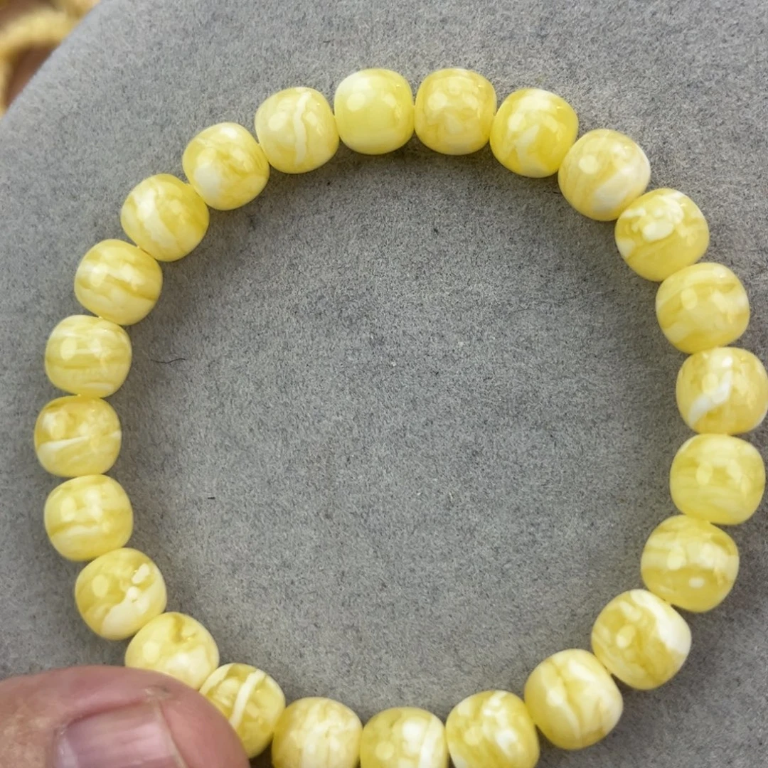 蜜蜡未镶嵌手串纯天然俄料瓷白花虎皮9*8.5腕口18+