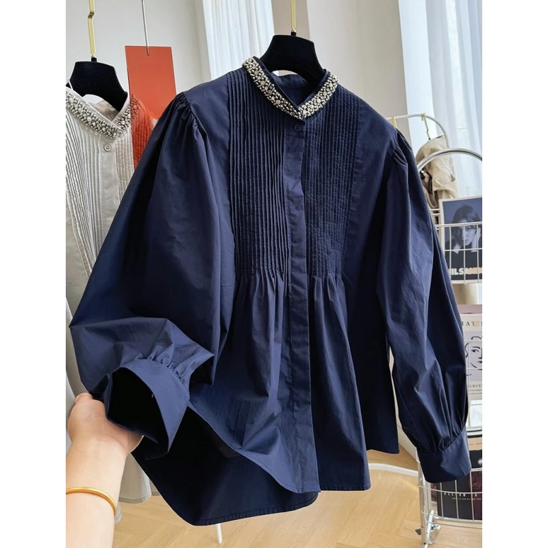 高级感气质重工定制立领纯棉长袖衬衫女韩系法式上衣超好看娃娃衫