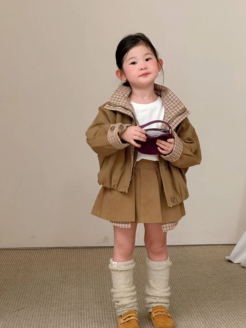 2025秋季新款童装 韩版童装 女童复古立领开衫外套+百褶裙 套装